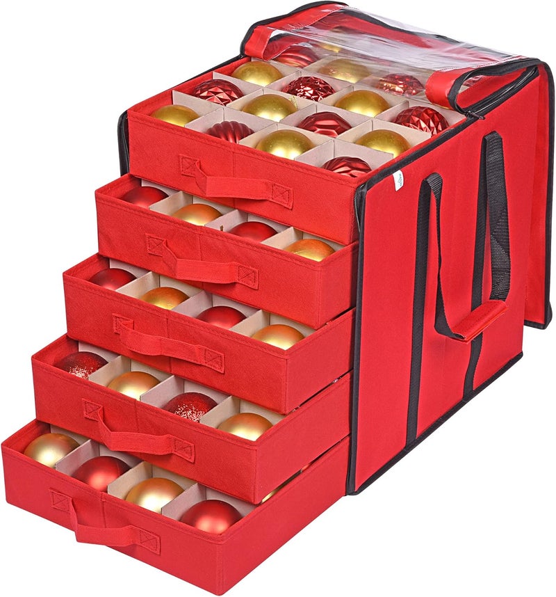 ProPik Christmas Ornament Storage Boxes with Dividers - 5 Separate Trays - Ornament Holder - Keeps 100 Holiday Ornaments - Durable Carrying Bag Handles Organizer Storage Box (Red) - Image 1